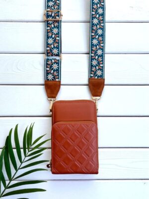 Chocolate Cosmos Double Pocket Tan Mobile Sling Bag (Two Belts, Plain and Embroidered)