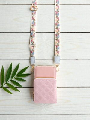 Peach Dahlia Double Pocket Pastel Peach Mobile Sling Bag (Two Belts, Plain and Embroidered)